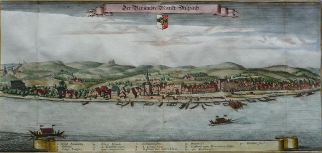 Bild: Der Berümbte Marckt Aschach: Handkolorierter Stich nach Matthäus MERIAN–Martin ZEILLER, Topographia Provinciarum Austriacarum (Frankfurt am Main 1679).